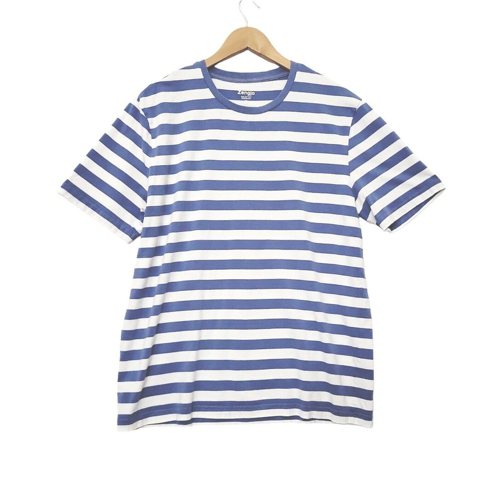 Zengjo T Shirt Mens Large Blue White Striped Shirt Short Sleeve Punk Rock Grunge